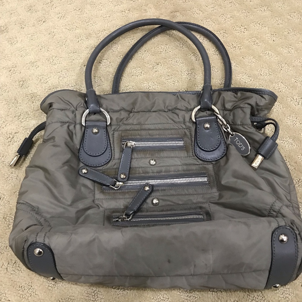 Tods Grey Fabric Tote Purse